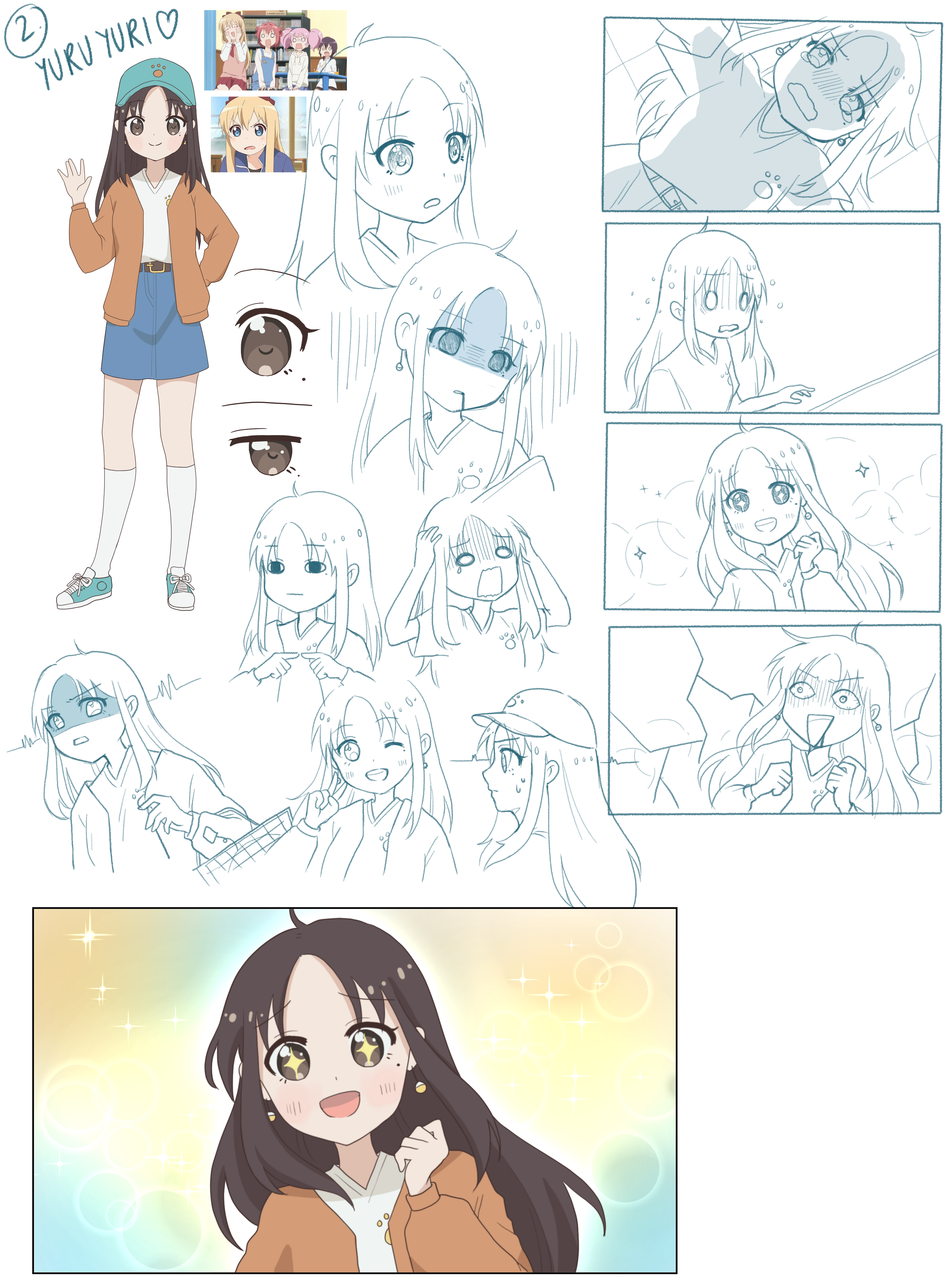 The board features reference pictures from Yuru Yuri and how it inspires a different version of Mei's design. The board also shows her various expression, from being surprised, crying, panicking, being happy, kneeling in despair, etc.
