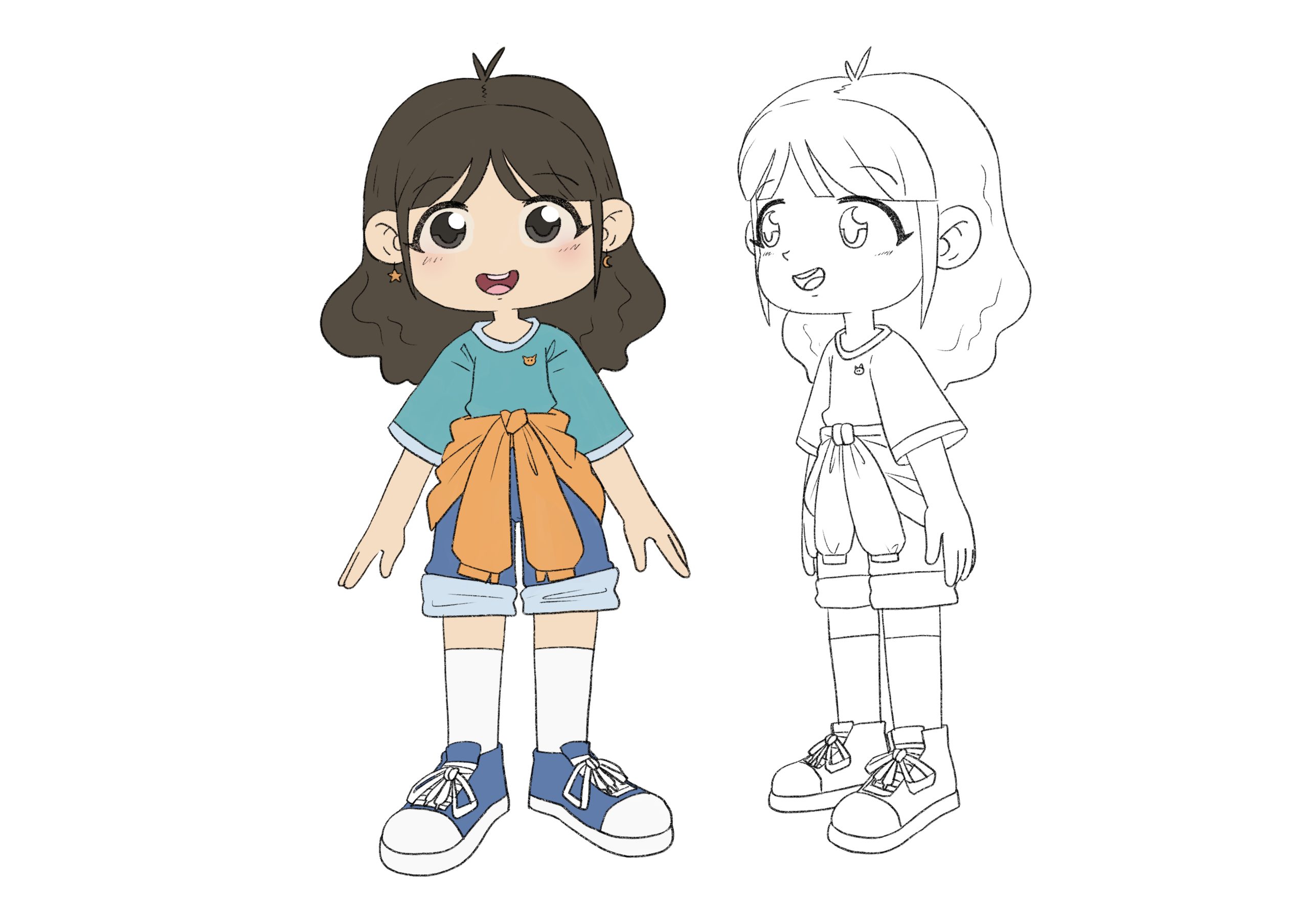 One of the concept arts for the female character for the BNI short ads. The character is dressed casually. She is wearing blue T-shirt and rolled-up jeans, an orange jacket tied around her hips. She is wearing a pair of blue sneakers.