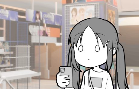 A key art of Mei speechless as she stared at her phone blankly. She was inside the anime store and seemed to be in the queue to the counter.