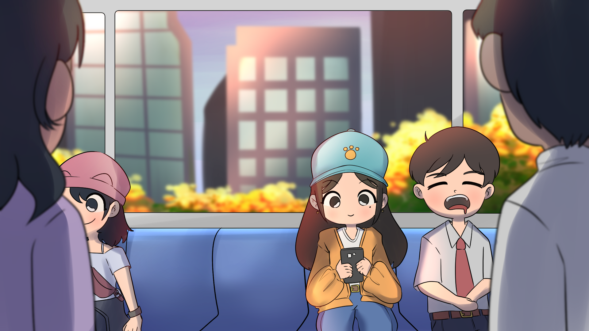 BNI KEYART A key art of the BNI short ads. The scene depicts people riding the tram / light rail. The scene focuses on the main female character, who's looking at her phone, smiling.