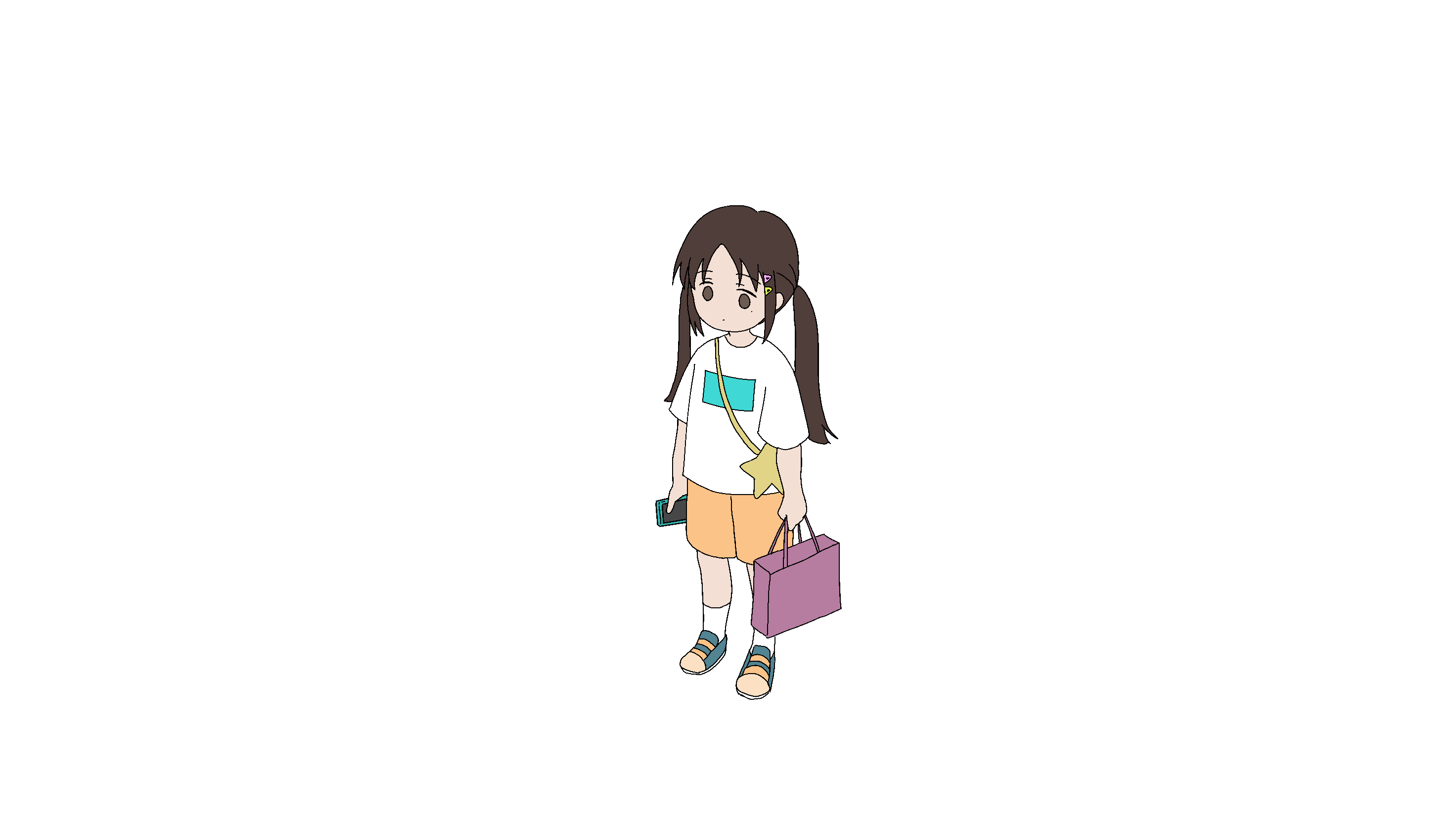 MEI A drawing of Mei looking ahead with an empty gaze. She's holding her phone in one hand and a bag on the other.