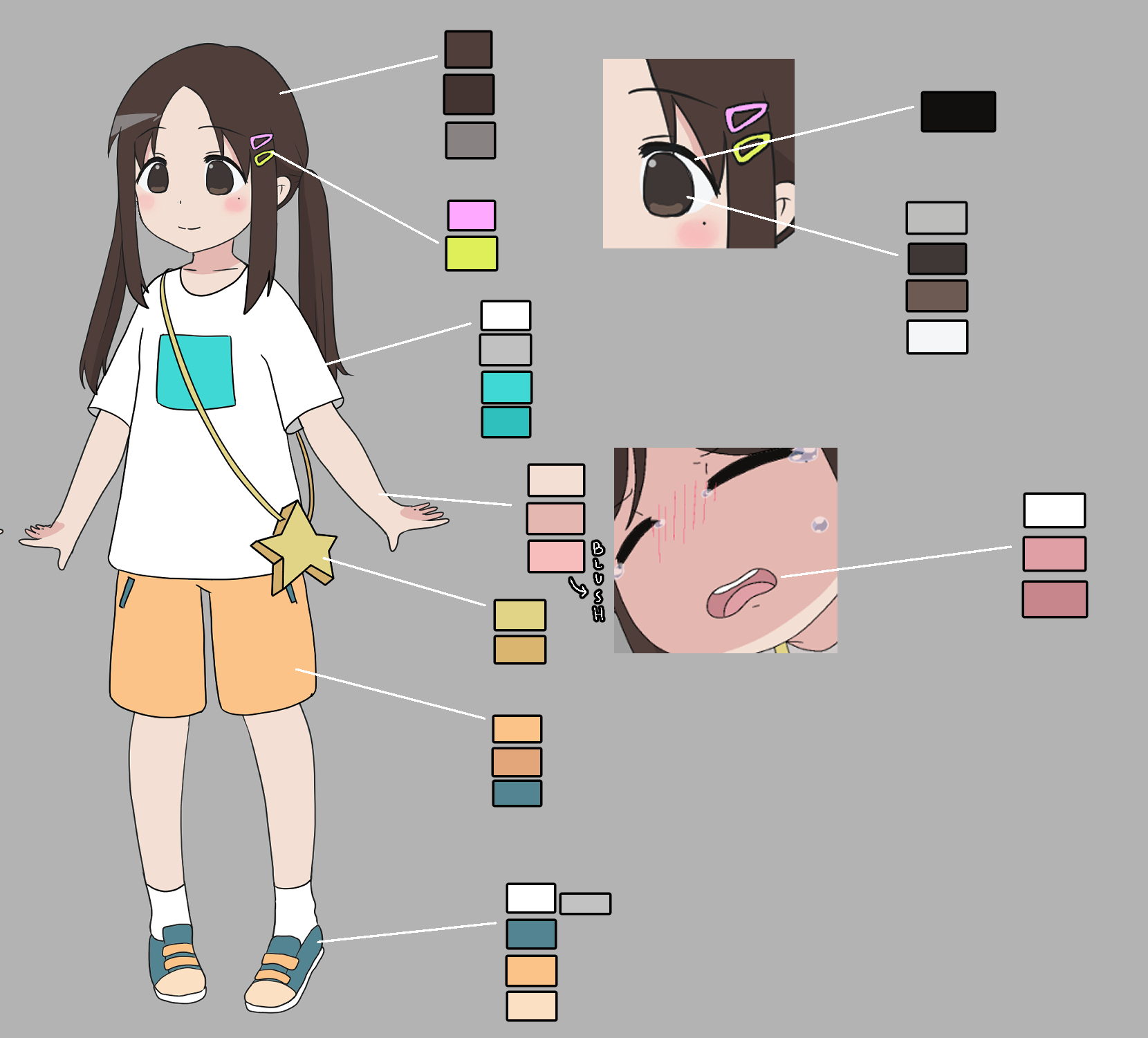 The colour scheme of Mei's hair, clothes, skin, eyes, accessories, shoes, and the inside of her mouth.
