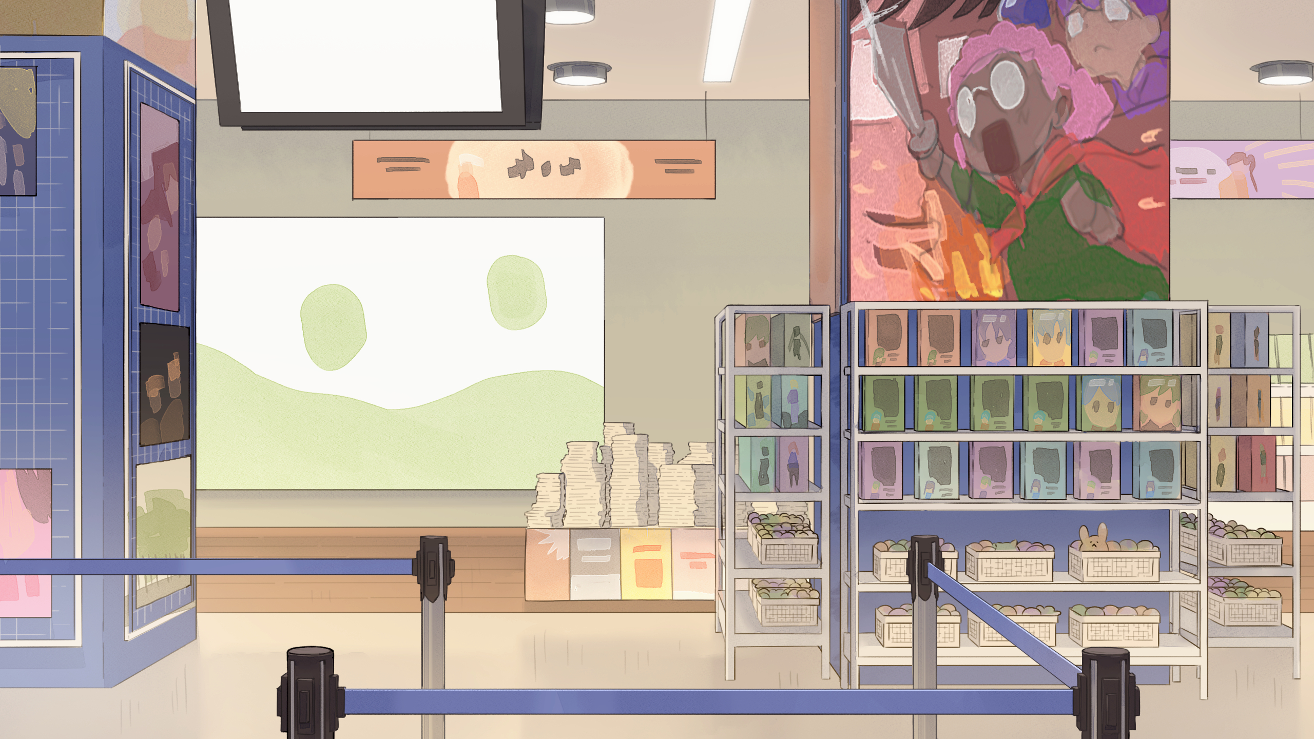 Concept art of the anime store's interior, right where people would be queueing to pay.