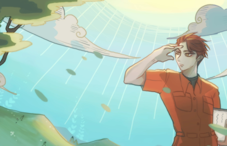 A key art of EMP's seismic animation. It shows a young man in red uniform looking out to the distance.