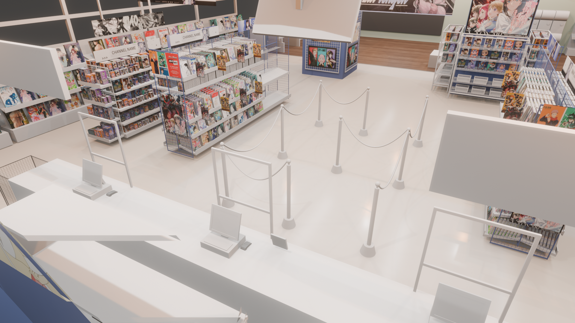 A reference photo of an anime merchandise store in Japan. The photo was taken from behind the counter, slightly above where the cashiers would be.