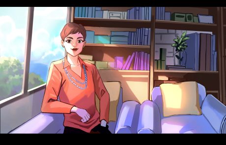 A key art of Ratih Ibrahim for Personal Growth's company profile. She is shown to be sitting by the window, sunlight hitting her face. She smiling as she looks at the camera. A string pearl necklace was looped twice around her neck.