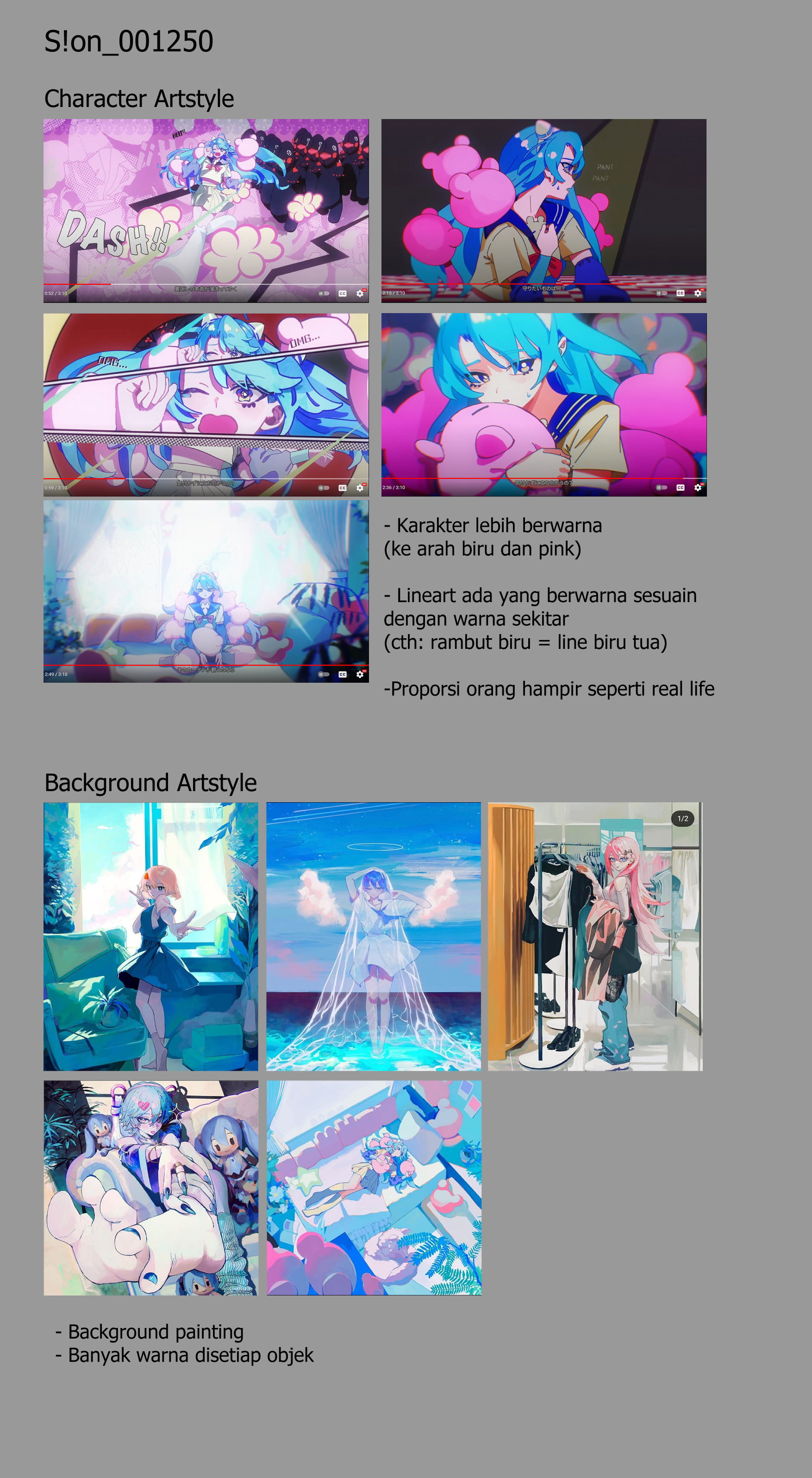 moodboard1 A moodboard compiling inspirations for EMP Seismic animation's art style. The first reference comes from S!on_001250, specifically drawing from a video with vibrant blue and pinks. The artists specifically noted the colourful lineart that goes with the surroundings and the proportion of the character. The second section is dedicated for background references. The artists specifically put colourful backgrounds that looks like paintings.