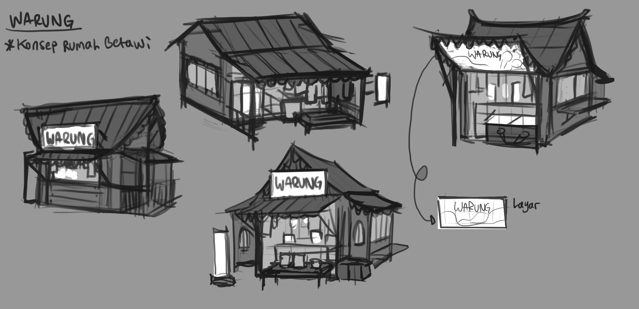 Sketches of Indonesian warung combined with features of Betawi houses.