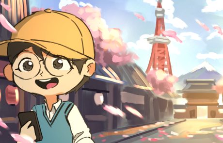 An example of how the finished keyframe could look like. The art shows a young man looking at his phone while smiling. The picture also shows Mt Fuji, Tokyo Tower, and Japanese street food stalls to set the scene.