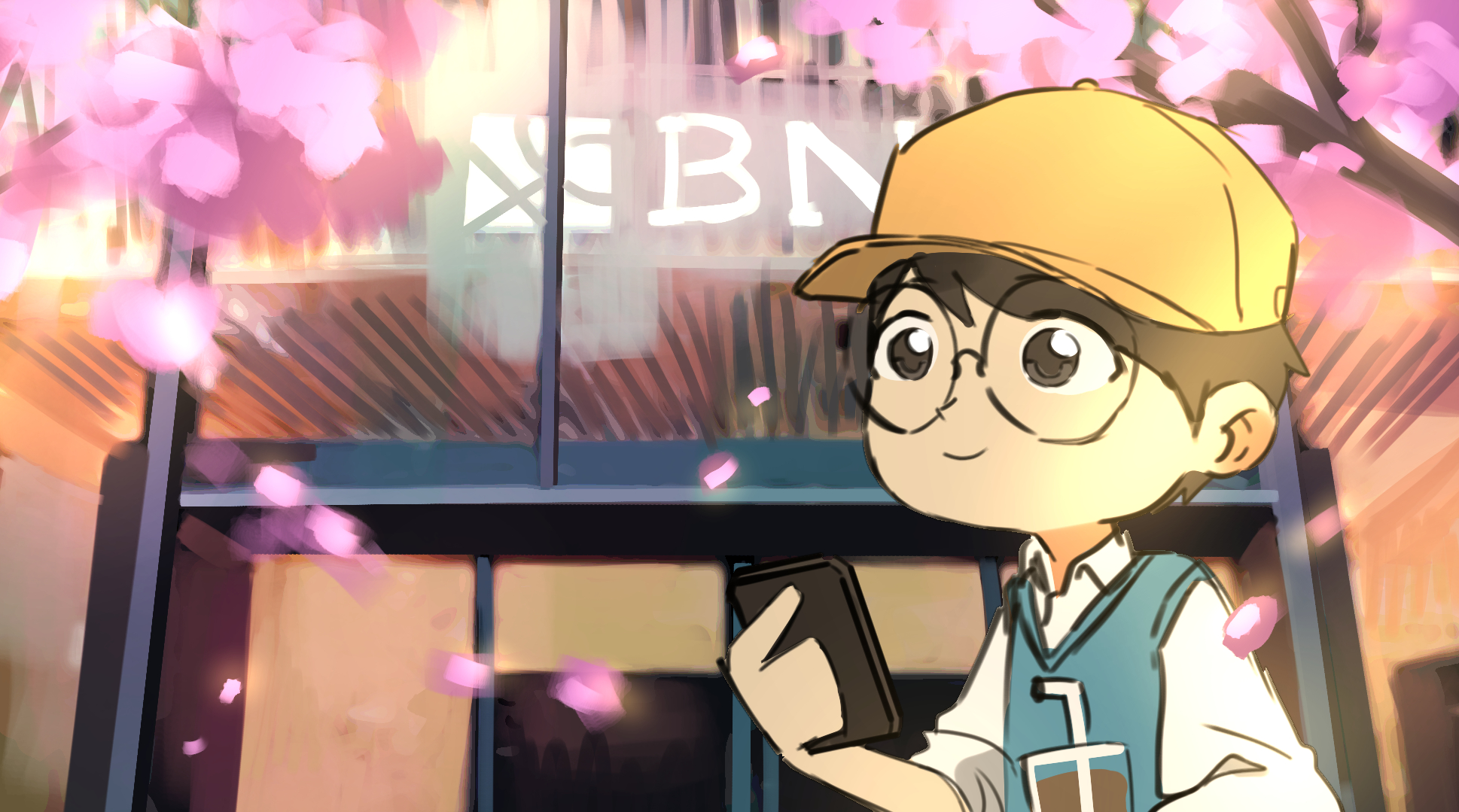 Test 2 An example of how the finished keyframe could look like. The art shows a young man looking at his phone while holding a drink on his other hand. He seems to be standing in front of BNI's office in Japan, as indicated by the cherry blossom trees in front of the building.